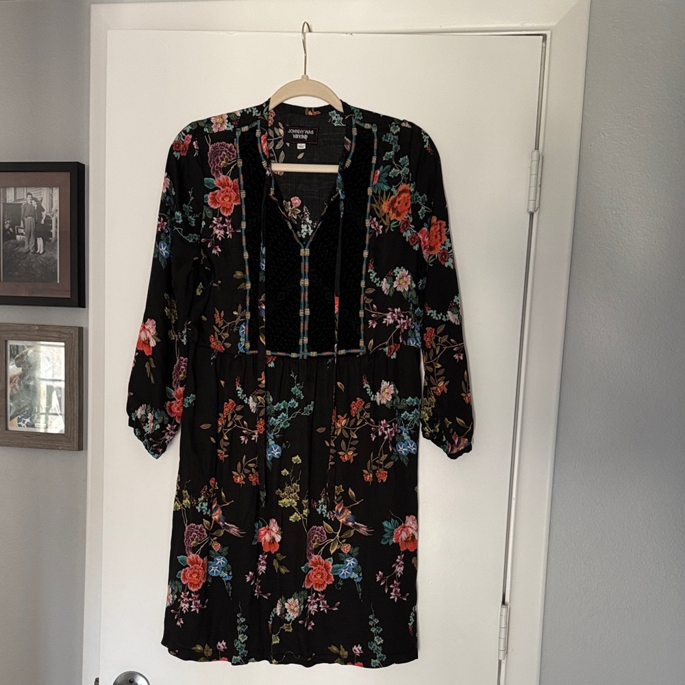 Johnny Was Black Floral Long Sleeve Dress